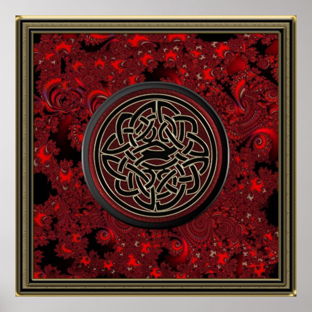 Red Black and Metallic Guld Celtic Knot on Fractal Poster (Framsidan)