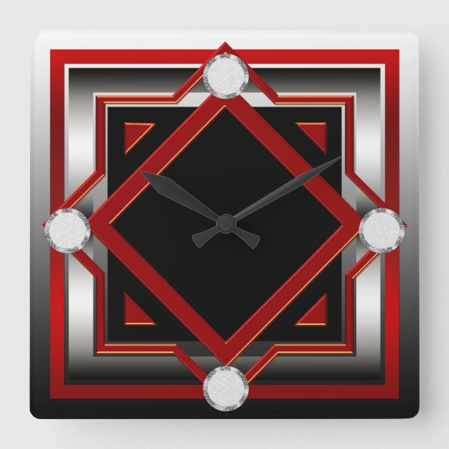 Red Black and Silver Toned Wall Clock Fyrkantig Klocka (Framsida)