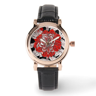 Red Black and White Art nouveau Flower Armbandsur