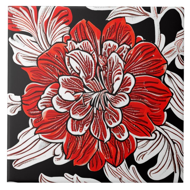 Red Black and White Art nouveau Flower Kakelplatta (Framsidan)