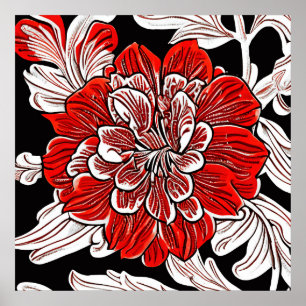 Red Black and White Art nouveau Flower Poster