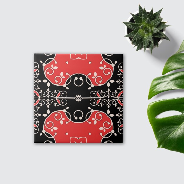 Red Black and White Classic Elegant Leafy Ornate Kakelplatta (Skapare uppladdad)