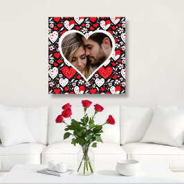 Red, Black and White Hearts and Flowers Photo Canvastryck