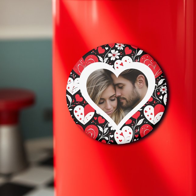 Red, Black and White Hearts and Flowers Photo Magnet (Skapare uppladdad)