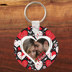 Red, Black and White Hearts and Flowers Photo Nyckelring