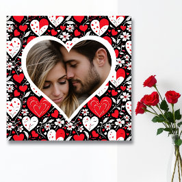 Red, Black and White Hearts and Flowers Photo Poster