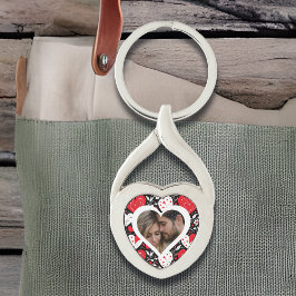 Red, Black and White Hearts and Flowers Photo Twisted Heart Silverfärgad Nyckelring