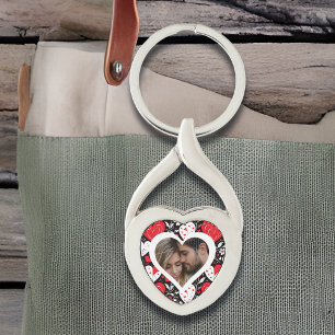 Red, Black and White Hearts and Flowers Photo Twisted Heart Silverfärgad Nyckelring