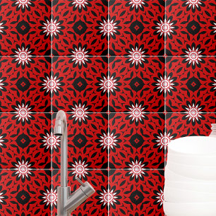 Red Black and White Kaleidoscopic Geometric Kakelplatta
