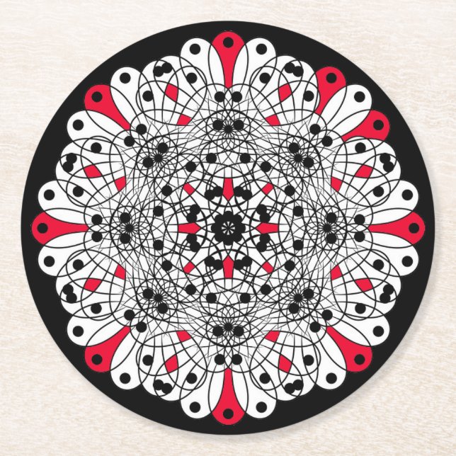 Red, Black and White Mandala Underläggs Underlägg Papper Rund (Framsidan)