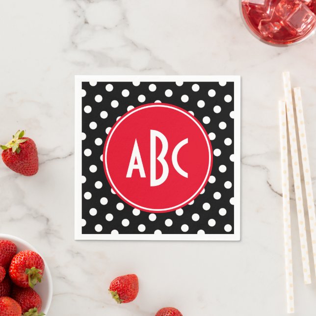 Red Black and White Polka Dot Monogram Pappersservett (Insitu)