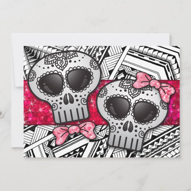 Red Black and White Sugar Skull Bröllop Glitter Inbjudningar (Baksida)