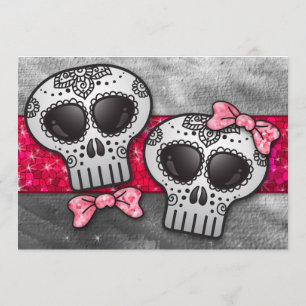 Red Black and White Sugar Skull Bröllop Glitter Inbjudningar