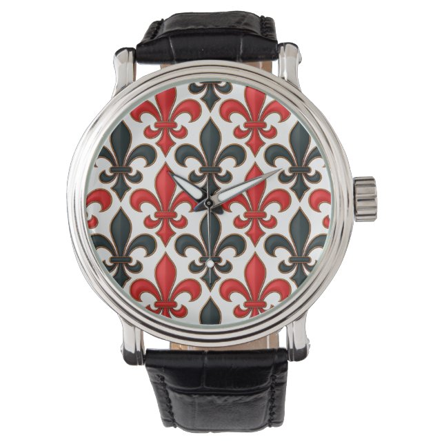 Red Black Baroque Fleur-de-lis Mönster Design Armbandsur (Framsida)