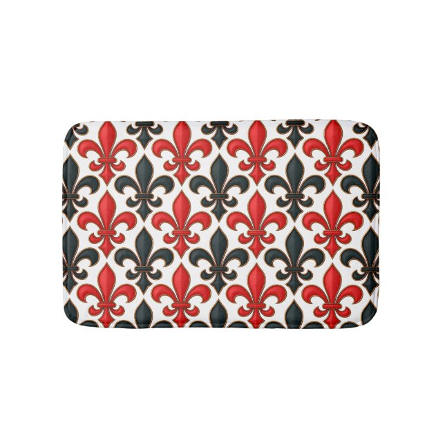 Red Black Baroque Fleur-de-lis Mönster Design Badrumsmatta (Framsidan)