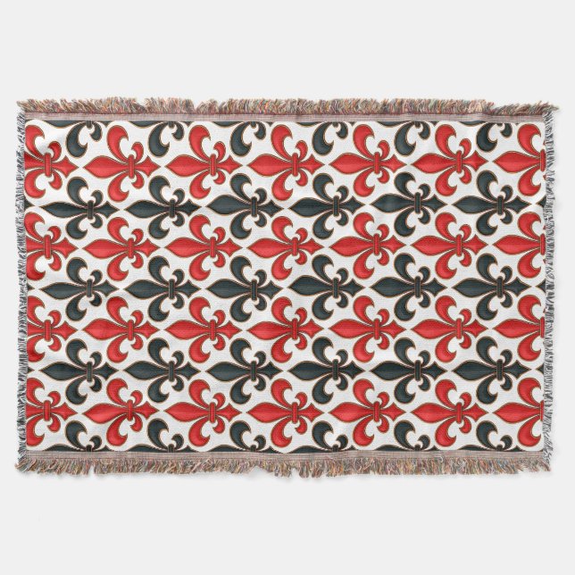 Red Black Baroque Fleur-de-lis Mönster Design Filt (Framsidan)