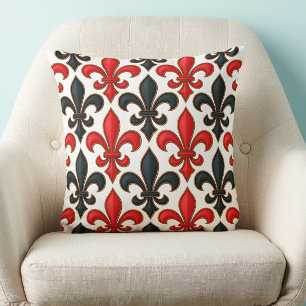 Red Black Baroque Fleur-de-lis Mönster Design Kudde