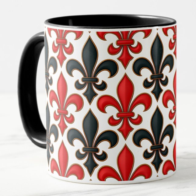 Red Black Baroque Fleur-de-lis Mönster Design Mugg (Skapare uppladdad)