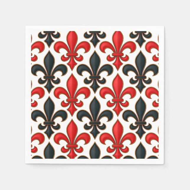 Red Black Baroque Fleur-de-lis Mönster Design Pappersservett (Framsidan)