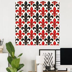 Red Black Baroque Fleur-de-lis Mönster Design Poster
