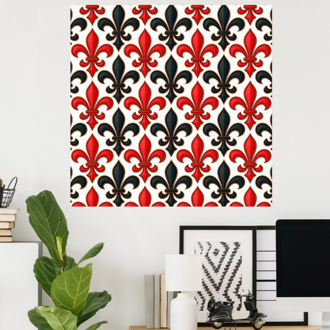 Red Black Baroque Fleur-de-lis Mönster Design Poster (Skapare uppladdad)