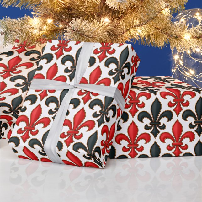 Red Black Baroque Fleur-de-lis Mönster Design Presentpapper (Skapare uppladdad)