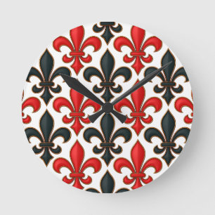 Red Black Baroque Fleur-de-lis Mönster Design Rund Klocka
