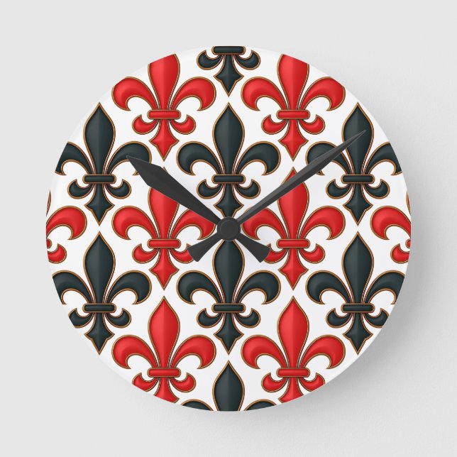 Red Black Baroque Fleur-de-lis Mönster Design Rund Klocka (Framsida)