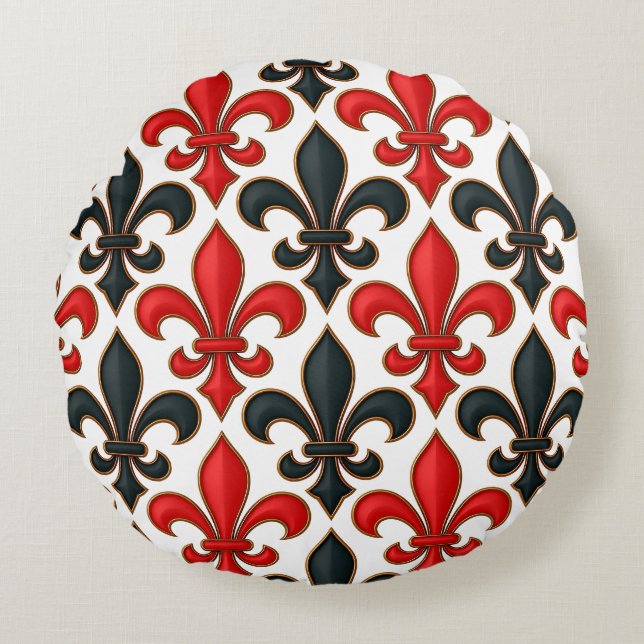 Red Black Baroque Fleur-de-lis Mönster Design Rund Kudde (Framsidan)