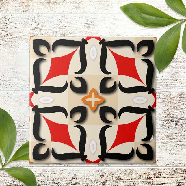 Red Black Beige Abstrakt Spegel Geometric Mönster Kakelplatta (Skapare uppladdad)