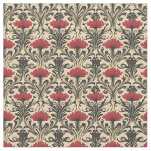 Red & Black Blommigt Art nouveau på Beige Tyg