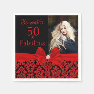Red Black Blommigt Damask 50:e födelsedagsfoto Pappersservett