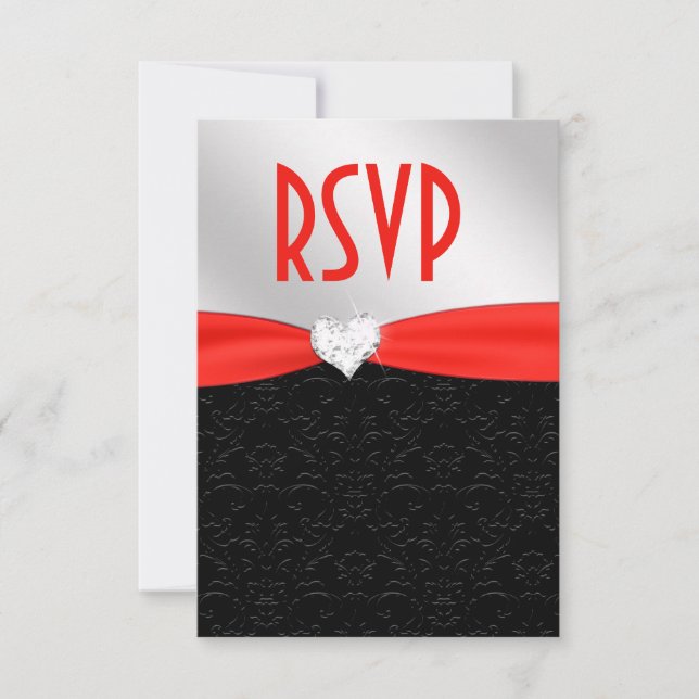Red Black Blommigt Damask Diamond Heart OSA Kort (Framsida)