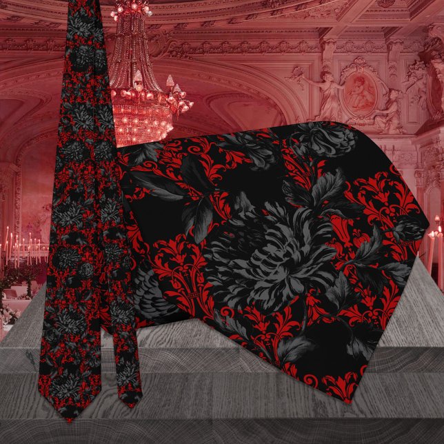 Red & Black Blommigt Damask Gothic Bröllop Slips (Skapare uppladdad)