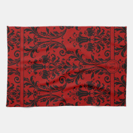 Red & Black Blommigt Swirls Damask Monogram Kökshandduk