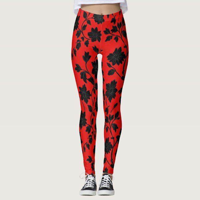 Red Black Blommönster Leggings (Framsida)