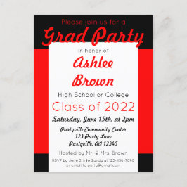 Red Black Bold Grad Party Studenten Inbjudan Vykort