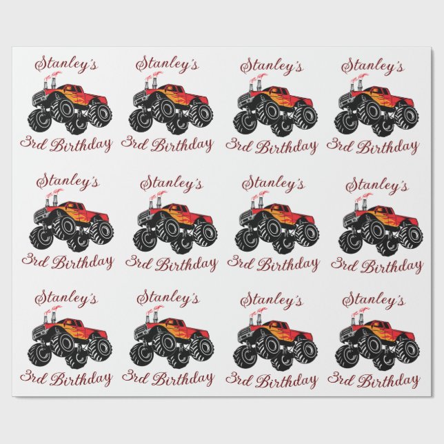 Red Black Boys Birthday Monster Lastbil Birthday Presentpapper (Platt)