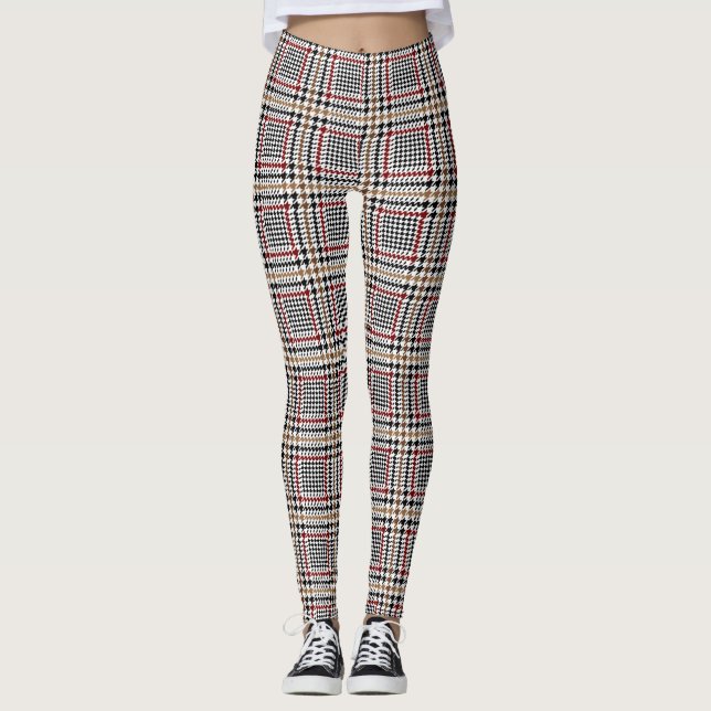 Red Black Brown Houndstooth Glen Check Mönster Leggings (Framsida)