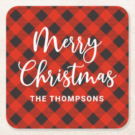 Red Black Buffalo Check God jul Script Underlägg Papper Kvadrat