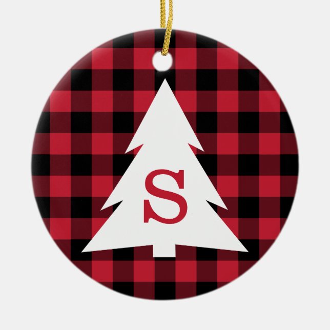 Red Black Buffalo Check Monogram Julgran Julgransprydnad Keramik (Framsidan)