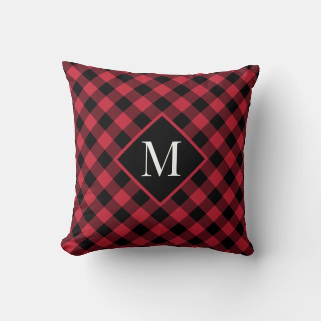 Red Black Buffalo Check Mönster Modern Monogram Kudde (Framsida)