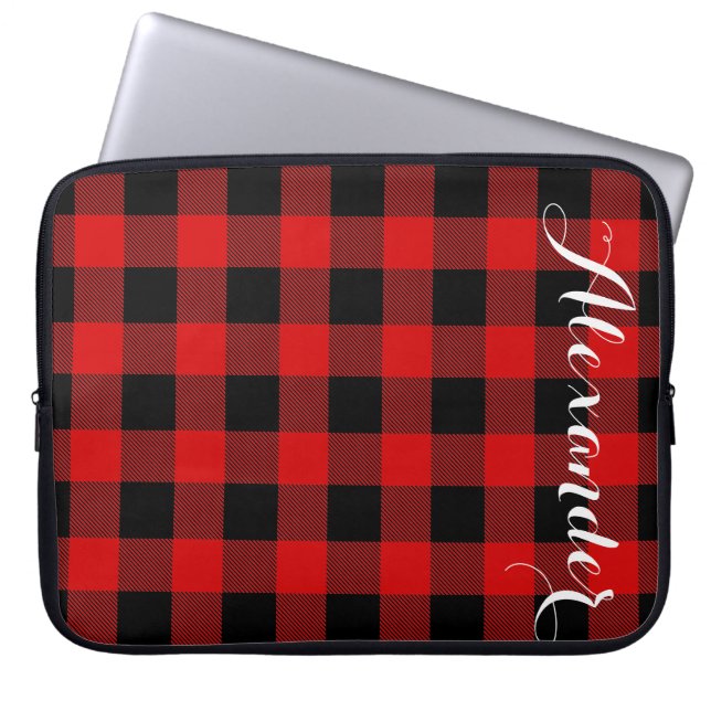 Red Black Buffalo Check Play Namn Monogram NL Laptop Sleeve (Framsidan)