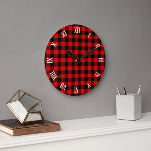 Red Black Buffalo Lumberjack Check Play Mönster Stor Klocka