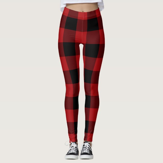 Red Black Buffalo Pached Checkered Leggings (Framsida)