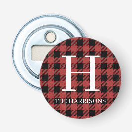 Red Black Buffalo Plaid Monogram Holiday Flasköppnare