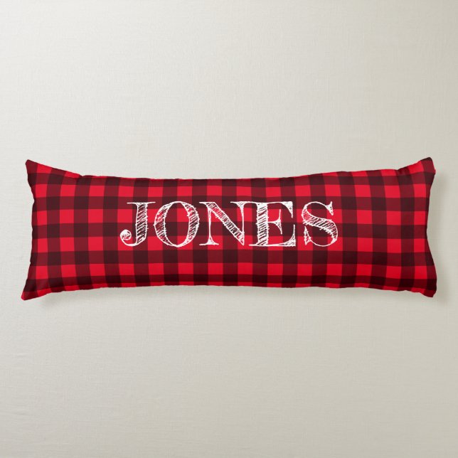 Red & black buffalo plaid pattern personalized kroppskudde (Framsidan)
