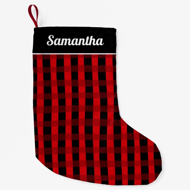 Red Black Buffalo Plaid Personalized Name Liten Julstrumpa (Framsidan)
