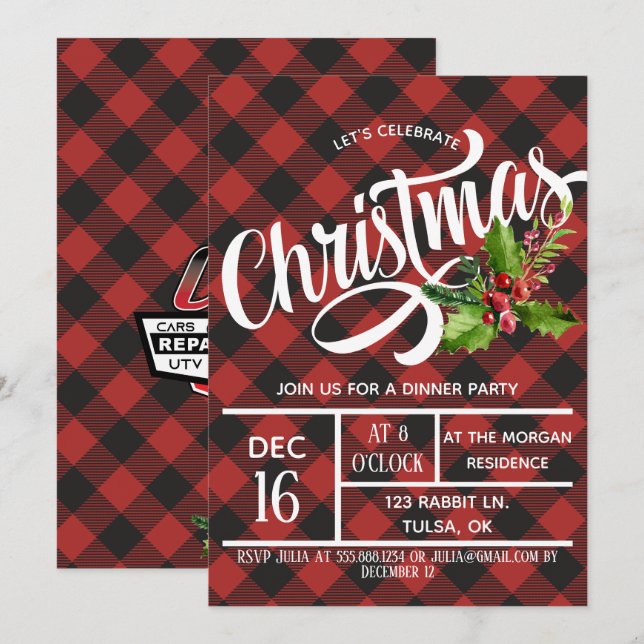 Red & Black Buffalo Play jul Party Inbjudan (Fram/baksida)