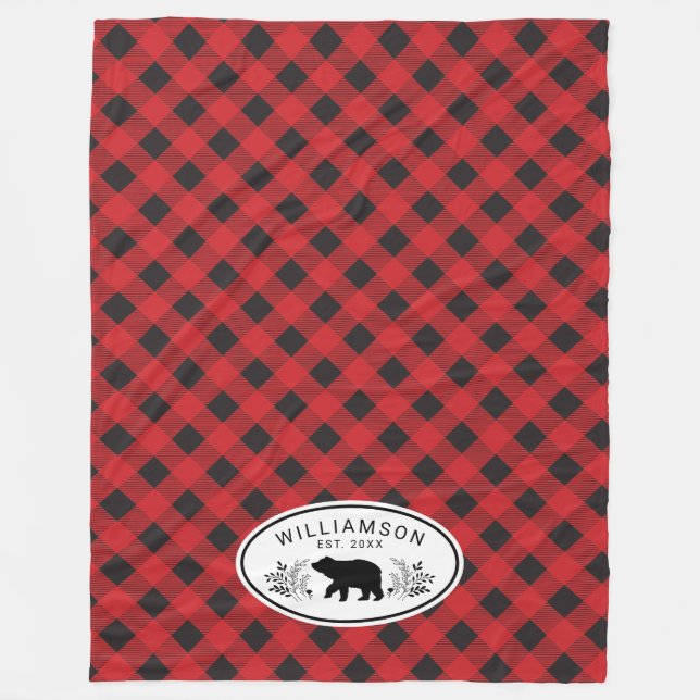 Red Black Buffalo Play Lumberjack Bear Monogram Fleecefilt (Framsidan)